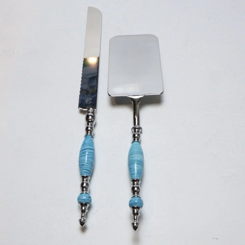 INOX Italy Ornate Blue Swirl Handle Cake Lasagna Server Utensil Set